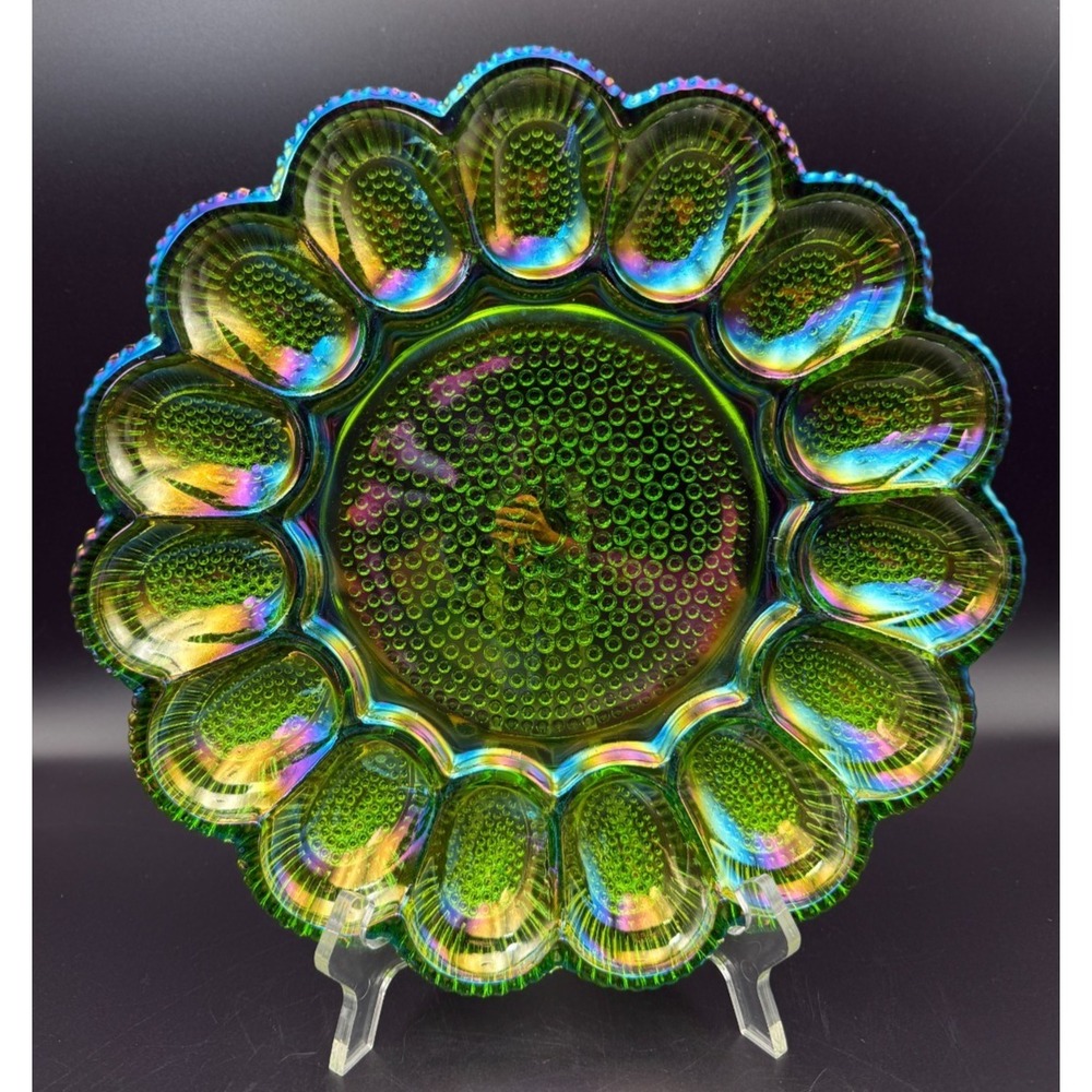 Indiana Glass Iridescent Green Carnival Hobnail 11.5" Deviled Egg Plate VTG MINT
